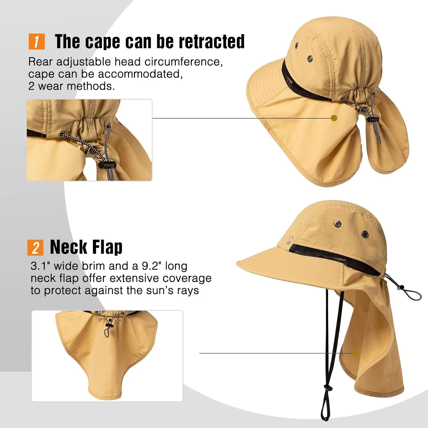 Oversized XL XXL Mens Sun Hat Big Head Neck Flap Shade Waterproof UPF50  Wide Brim Hat Fishing Safari Hiking