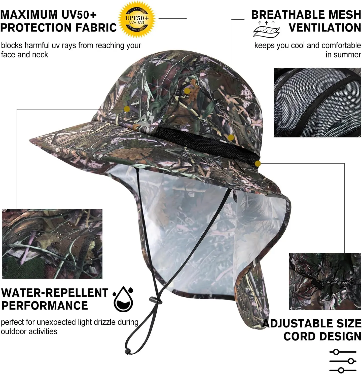 Oversized XL XXL Mens Sun Hat Big Head Neck Flap Shade Waterproof UPF50  Wide Brim Hat Fishing Safari Hiking