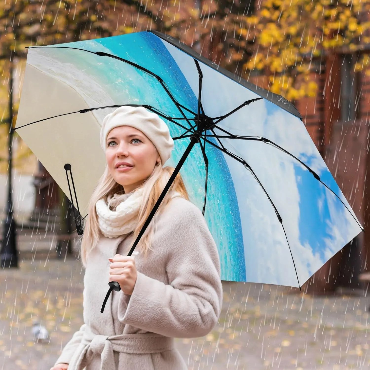 Oyihfvs Automatic Umbrella, Folding Umbrella Reinforced Anti-UV Sun rain Auto Open/Close