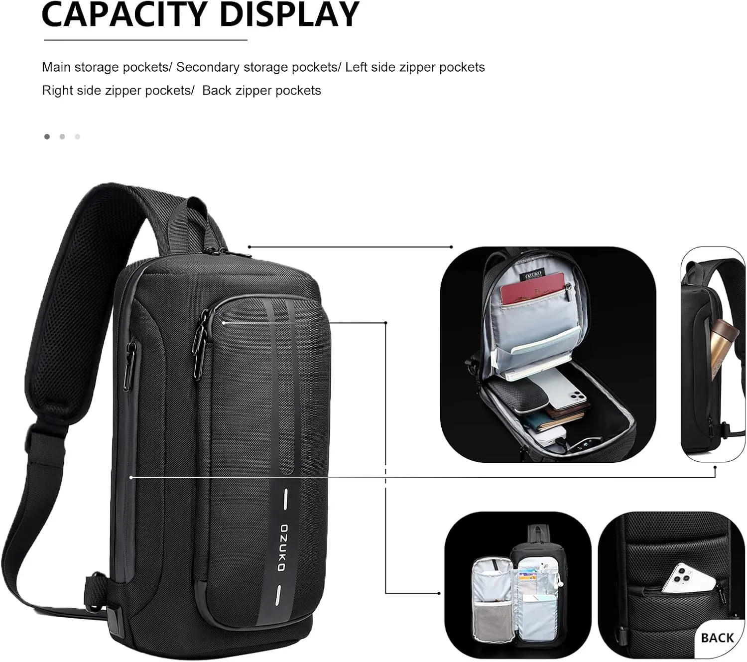 OZUKO Anti Theft Crossbody Sling Bag,Large Waterproof Shoulder Chest Bag Backpack with USB Charging Lightweight Casual Backpacks (Grey)