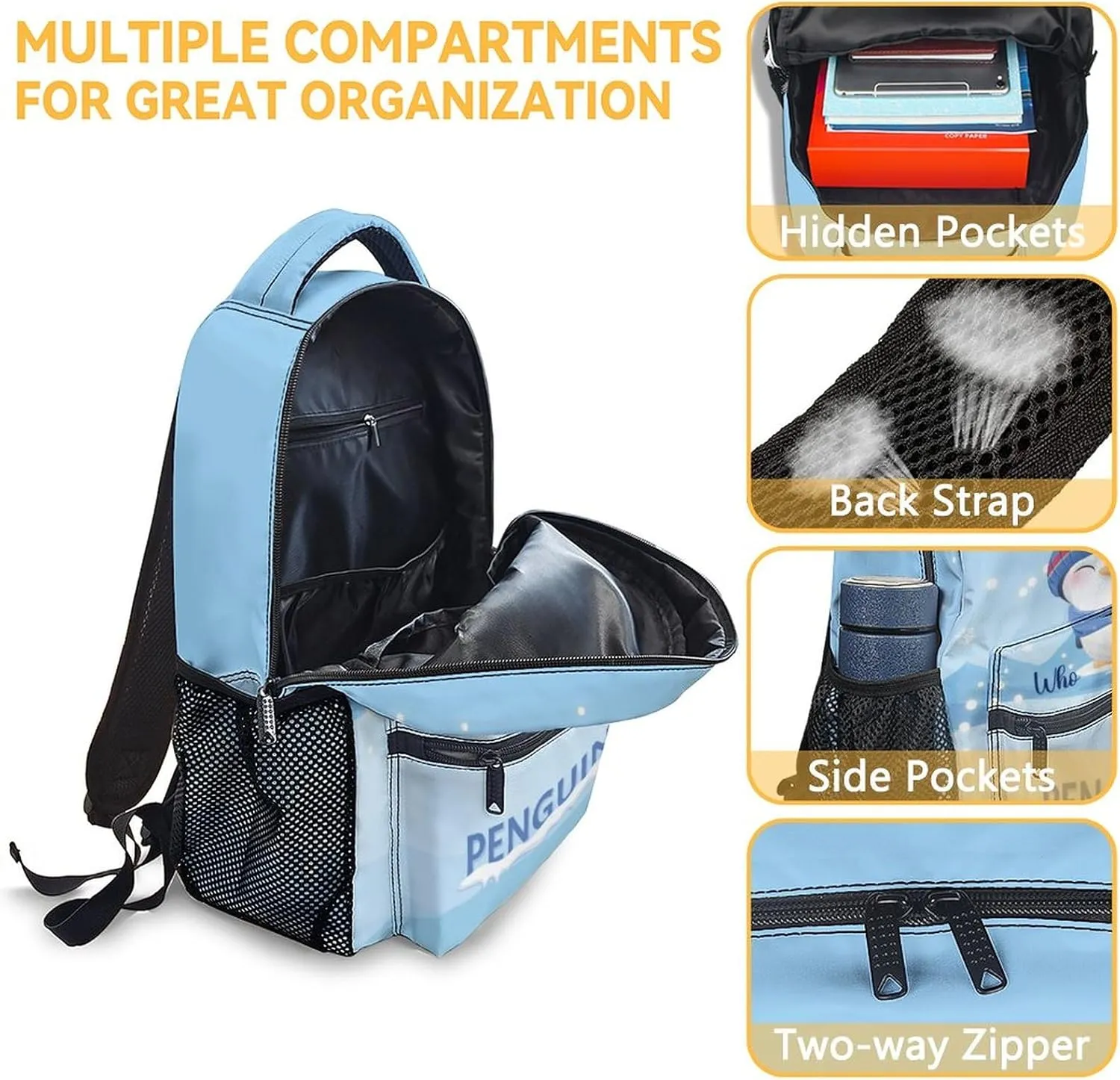 Penguin Backpacks for Girls, 16 Inch Cute Backpack for School, Blue, Large Capacity, Durable, Lightweight Bookbag for Boys Travel
