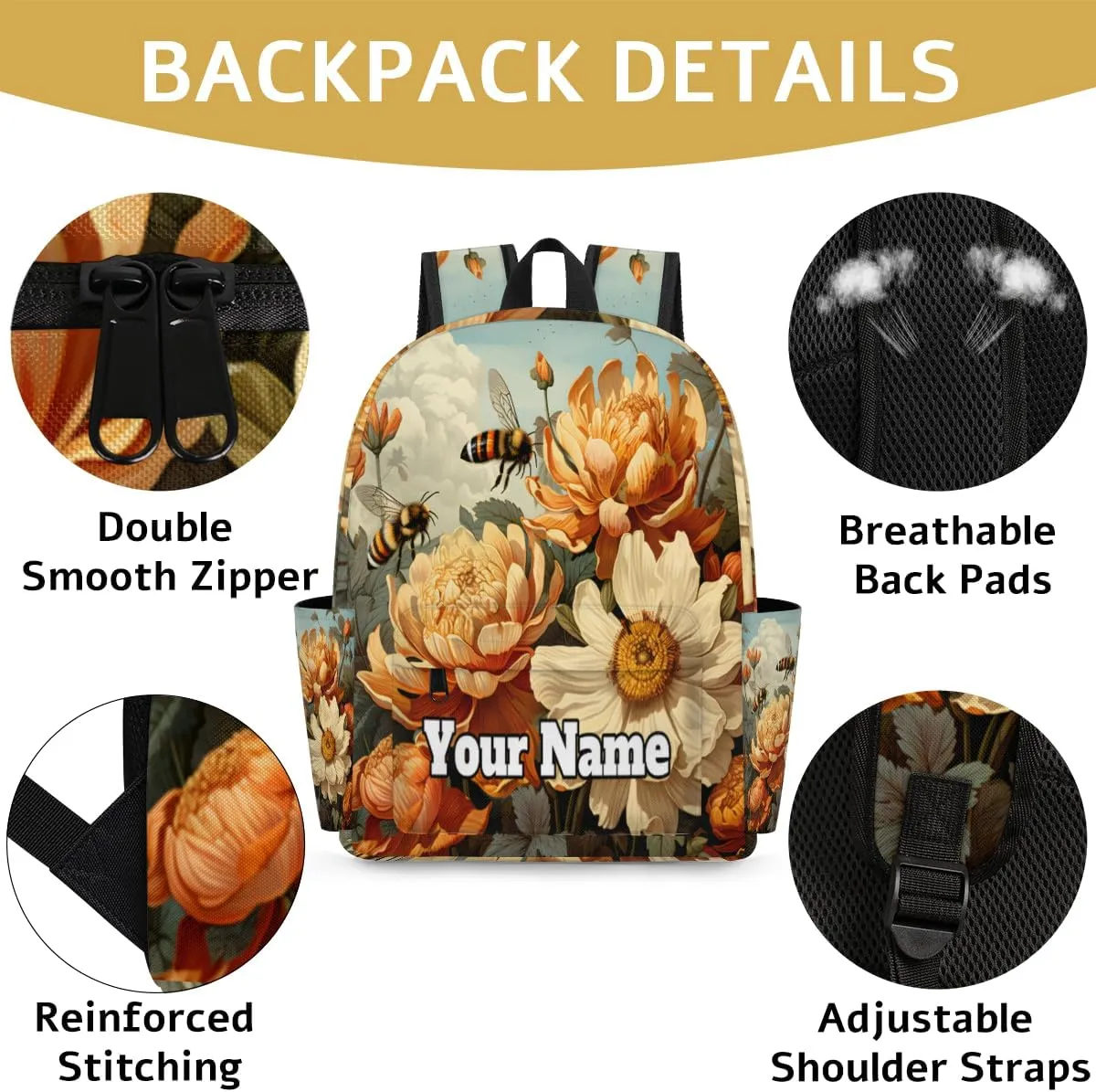 Personalized Bee Preschool Toddler Backpack for Boys Girls Custom Kids Name Small Bookbags Kindergarten Elementary Backpack, Summer Flower