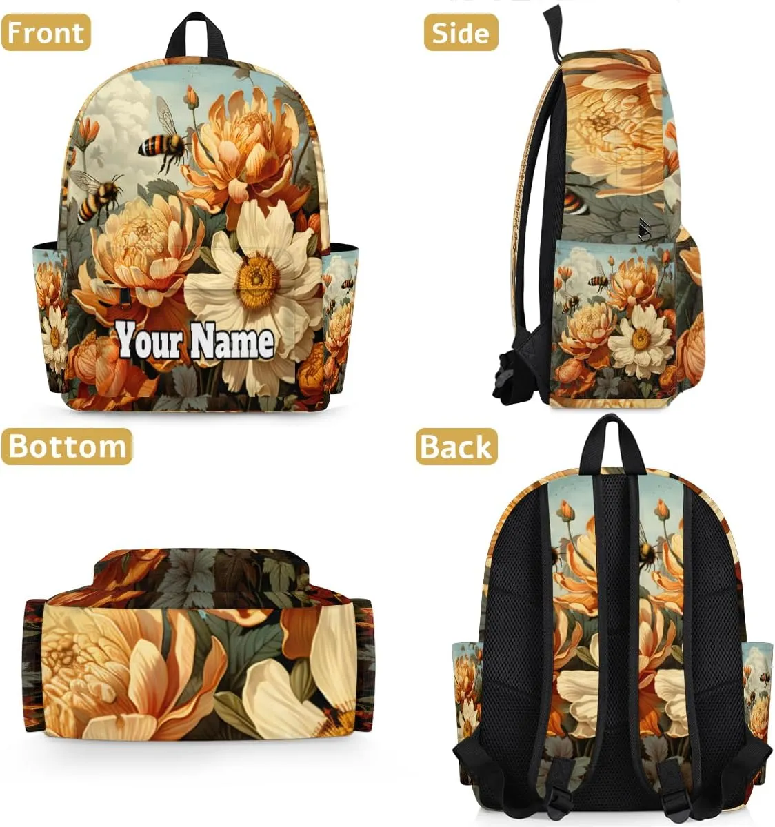Personalized Bee Preschool Toddler Backpack for Boys Girls Custom Kids Name Small Bookbags Kindergarten Elementary Backpack, Summer Flower