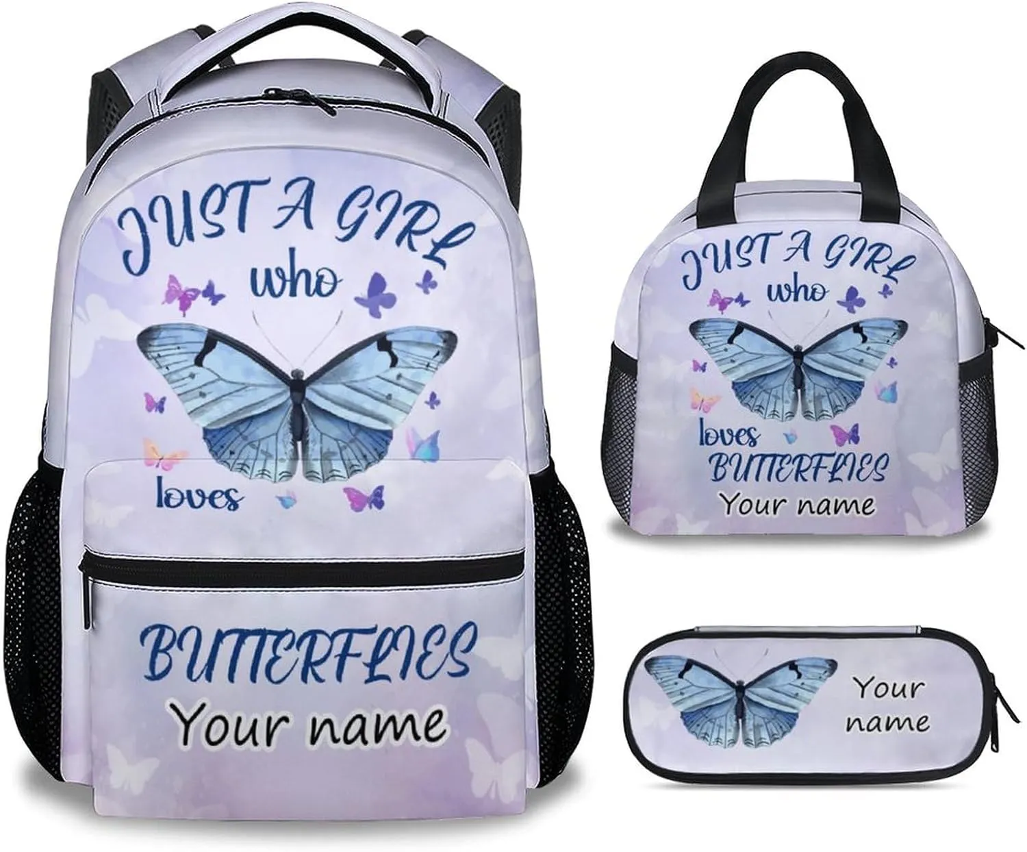 Personalized Butterfly Backpack with Lunch Box Set for Girls, Kids - 3 in 1 Primary Middle School Backpacks Matching Combo - Large Capacity, Durable, Lightweight, Purple Bookbag and Pencil Case Bundle