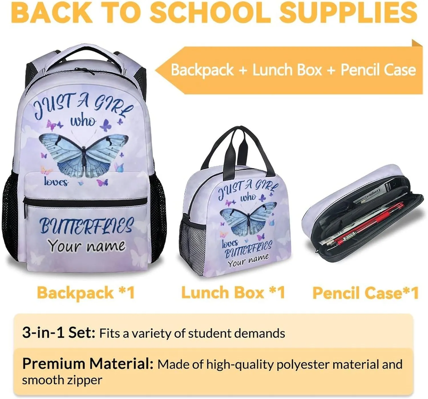 Personalized Butterfly Backpack with Lunch Box Set for Girls, Kids - 3 in 1 Primary Middle School Backpacks Matching Combo - Large Capacity, Durable, Lightweight, Purple Bookbag and Pencil Case Bundle