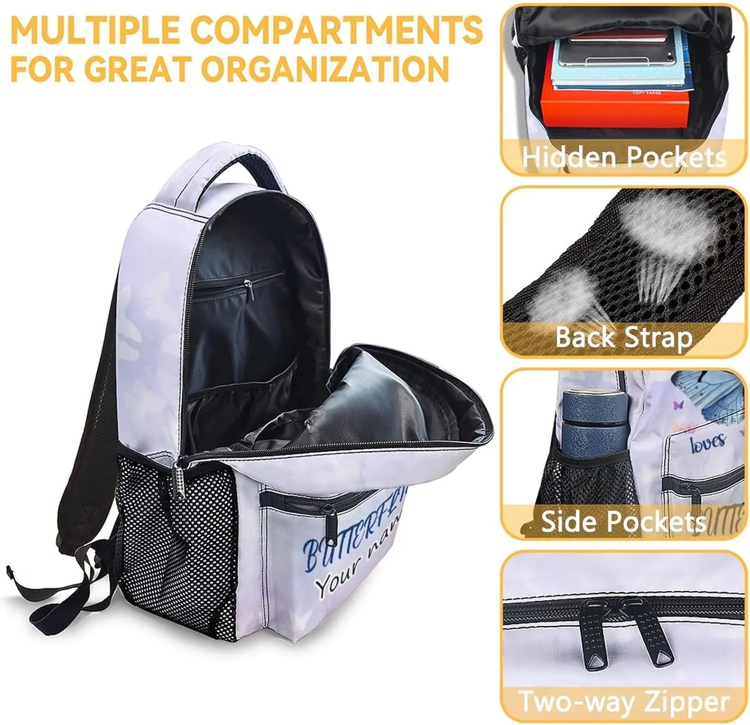 Personalized Butterfly Backpack with Lunch Box Set for Girls, Kids - 3 in 1 Primary Middle School Backpacks Matching Combo - Large Capacity, Durable, Lightweight, Purple Bookbag and Pencil Case Bundle