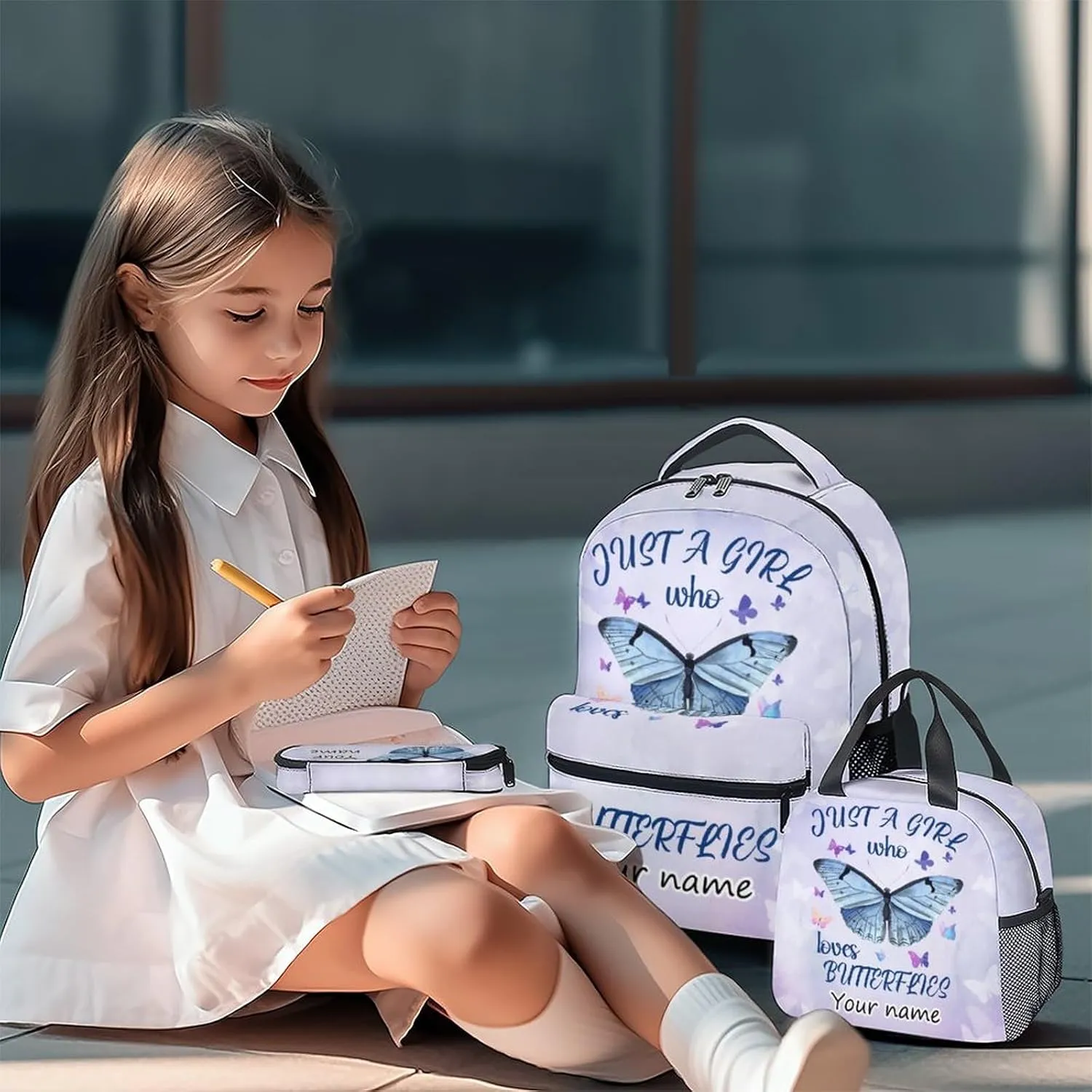 Personalized Butterfly Backpack with Lunch Box Set for Girls, Kids - 3 in 1 Primary Middle School Backpacks Matching Combo - Large Capacity, Durable, Lightweight, Purple Bookbag and Pencil Case Bundle