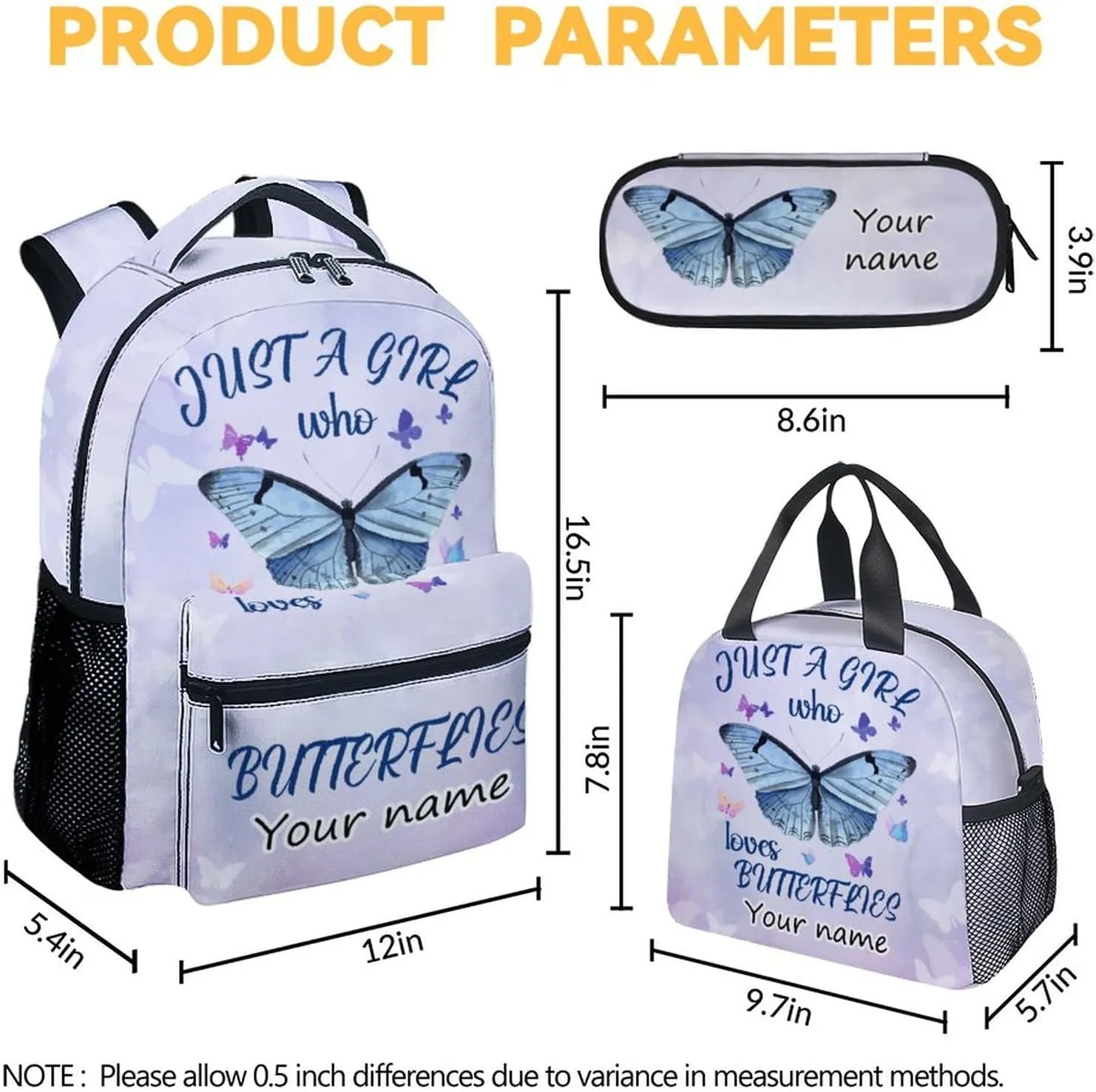 Personalized Butterfly Backpack with Lunch Box Set for Girls, Kids - 3 in 1 Primary Middle School Backpacks Matching Combo - Large Capacity, Durable, Lightweight, Purple Bookbag and Pencil Case Bundle