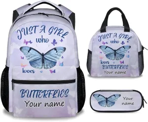 Personalized Butterfly Backpack with Lunch Box Set for Girls, Kids - 3 in 1 Primary Middle School Backpacks Matching Combo - Large Capacity, Durable, Lightweight, Purple Bookbag and Pencil Case Bundle