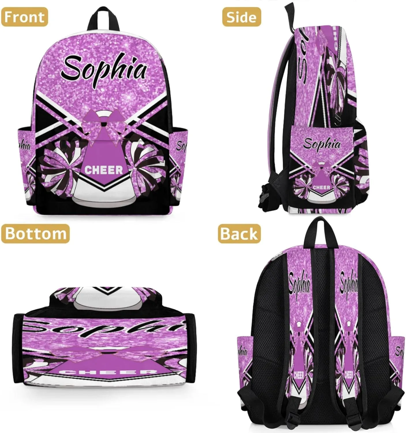 Personalized Cheer Bag Name Backpack Bags for Women Men, Custom Large Capacity Waterproof Shoulder Bags, Casual Daypack, Taro Purple Glitter