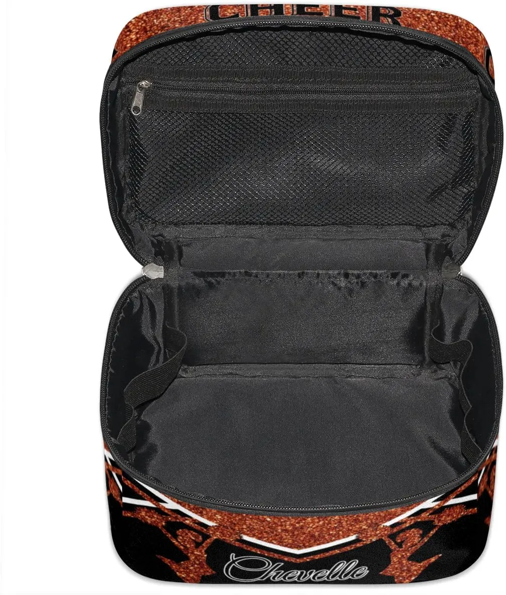 Personalized Cheer Travel Makeup Bag for Girls Women, Custom Cheerleader Cosmetic Make Up Zipper Pouch Bags, Personalized Gifts, Dark Orange Glitter Bag