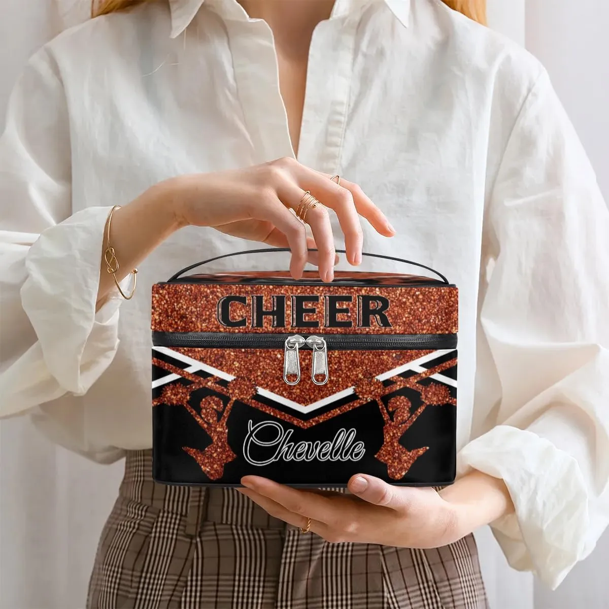Personalized Cheer Travel Makeup Bag for Girls Women, Custom Cheerleader Cosmetic Make Up Zipper Pouch Bags, Personalized Gifts, Dark Orange Glitter Bag