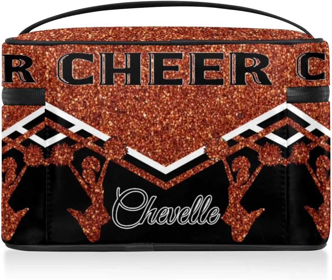 Personalized Cheer Travel Makeup Bag for Girls Women, Custom Cheerleader Cosmetic Make Up Zipper Pouch Bags, Personalized Gifts, Dark Orange Glitter Bag