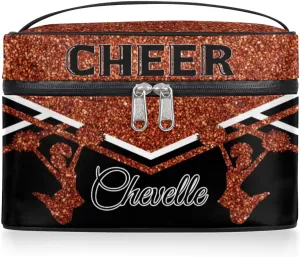 Personalized Cheer Travel Makeup Bag for Girls Women, Custom Cheerleader Cosmetic Make Up Zipper Pouch Bags, Personalized Gifts, Dark Orange Glitter Bag