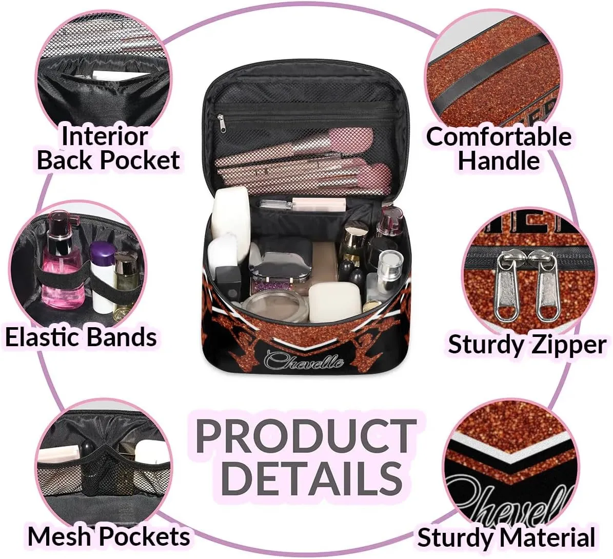 Personalized Cheer Travel Makeup Bag for Girls Women, Custom Cheerleader Cosmetic Make Up Zipper Pouch Bags, Personalized Gifts, Dark Orange Glitter Bag