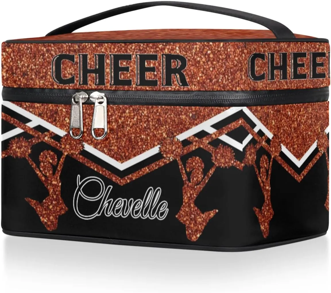 Personalized Cheer Travel Makeup Bag for Girls Women, Custom Cheerleader Cosmetic Make Up Zipper Pouch Bags, Personalized Gifts, Dark Orange Glitter Bag