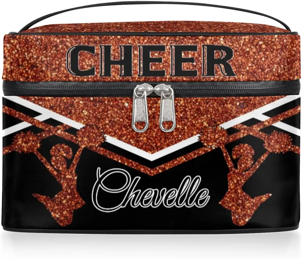 Personalized Cheer Travel Makeup Bag for Girls Women, Custom Cheerleader Cosmetic Make Up Zipper Pouch Bags, Personalized Gifts, Dark Orange Glitter Bag