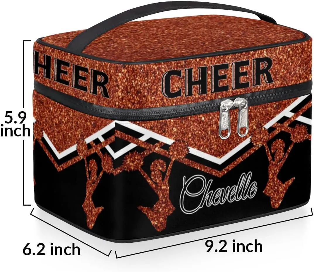 Personalized Cheer Travel Makeup Bag for Girls Women, Custom Cheerleader Cosmetic Make Up Zipper Pouch Bags, Personalized Gifts, Dark Orange Glitter Bag