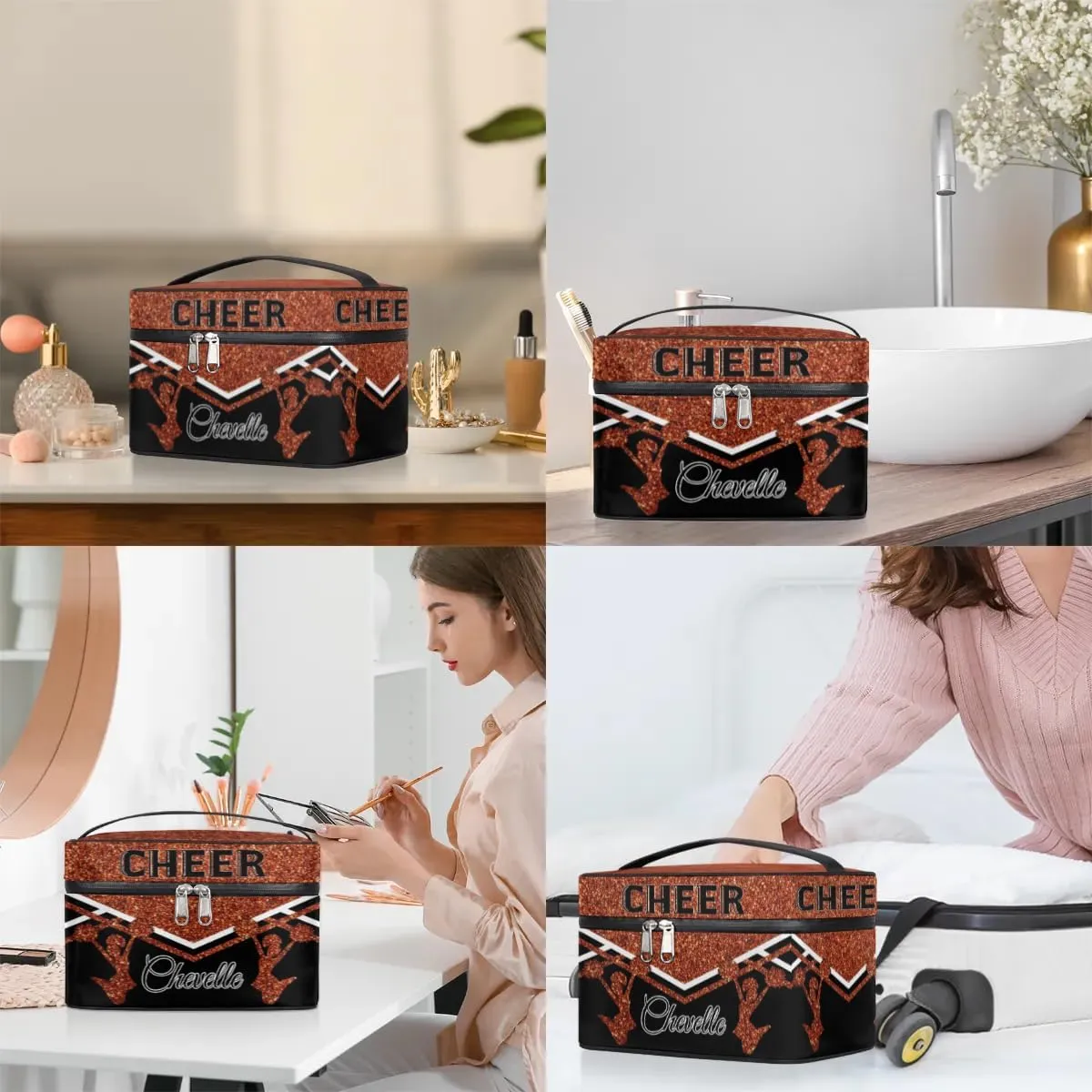 Personalized Cheer Travel Makeup Bag for Girls Women, Custom Cheerleader Cosmetic Make Up Zipper Pouch Bags, Personalized Gifts, Dark Orange Glitter Bag