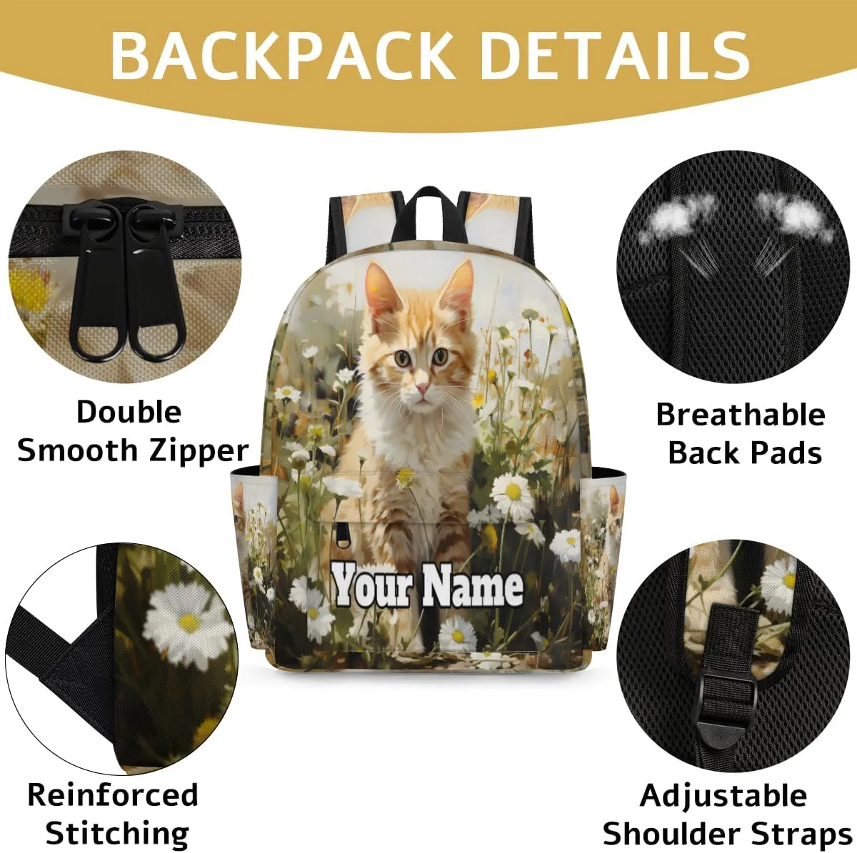 Personalized Cute Cat Preschool Toddler Backpack for Boys Girls Custom Kids Name Small Bookbags Kindergarten Elementary Backpack, Daisy Cat