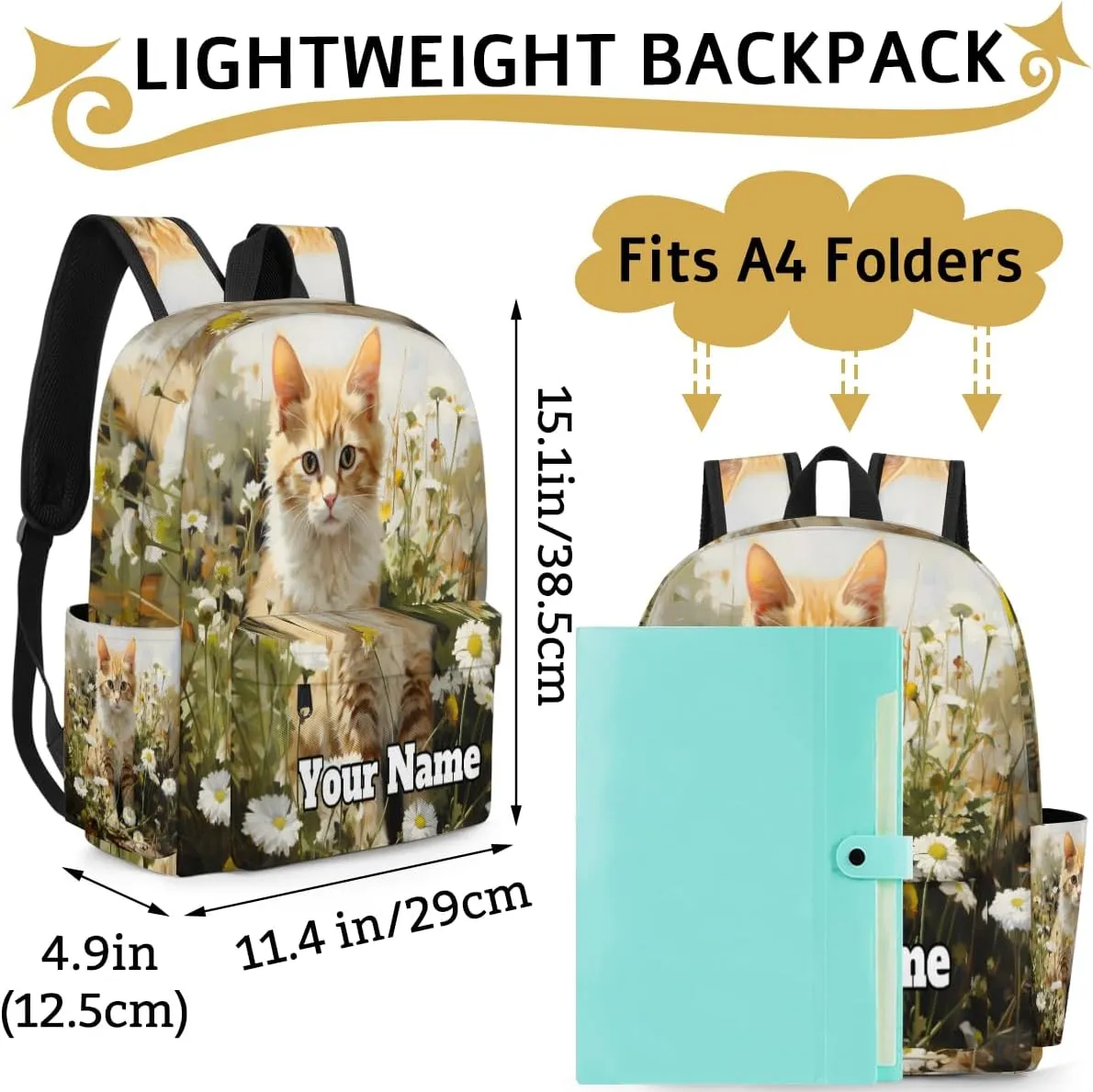Personalized Cute Cat Preschool Toddler Backpack for Boys Girls Custom Kids Name Small Bookbags Kindergarten Elementary Backpack, Daisy Cat