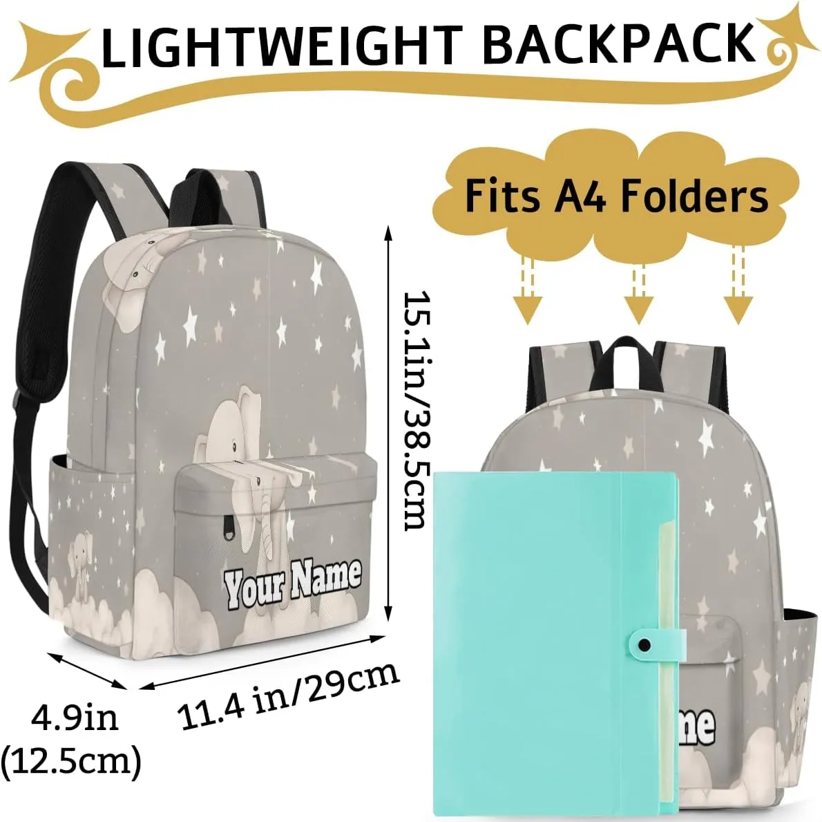 Personalized Cute Elephant Preschool Toddler Backpack for Boys Girls Custom Kids Name Small Bookbags Kindergarten Elementary Backpack, Animals