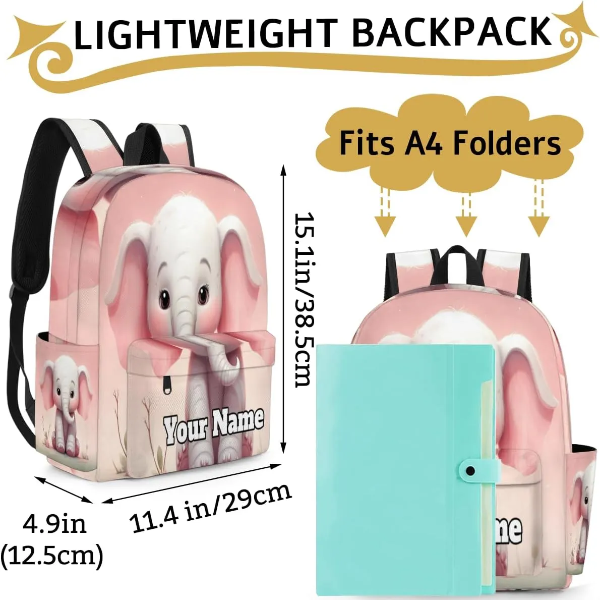 Personalized Elephant Preschool Toddler Backpack for Boys Girls Custom Kids Name Small Bookbags Kindergarten Elementary Backpack, Cute Elephant