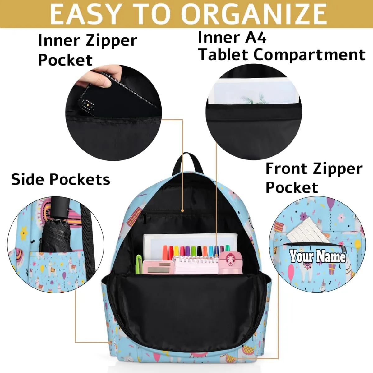 Personalized Llama Preschool Toddler Backpack for Boys Girls Custom Kids Name Small Bookbags Kindergarten Elementary Backpack, Cute Alpaca Llama