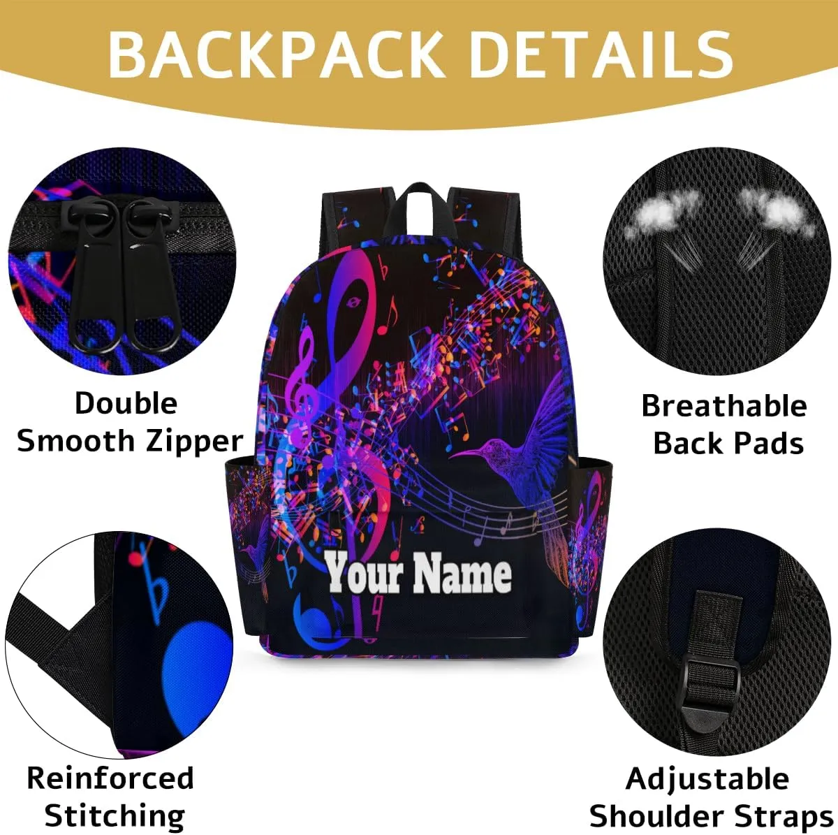 Personalized Music Note Preschool Toddler Backpack for Boys Girls Custom Kids Name Small Bookbags Kindergarten Elementary Backpack, Hummingbird