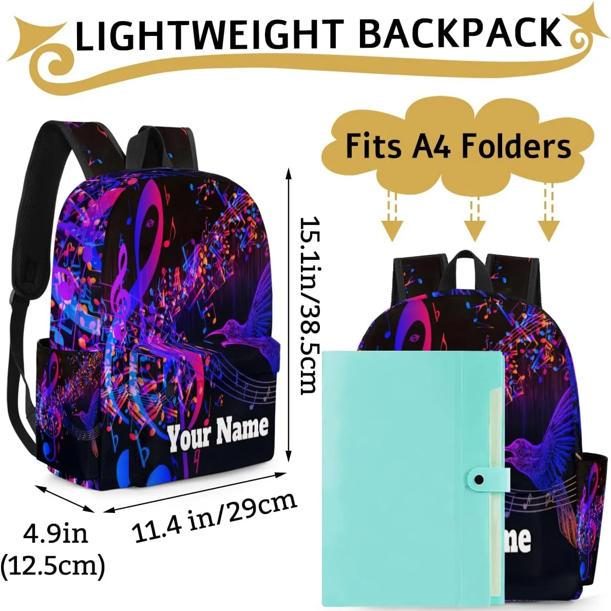 Personalized Music Note Preschool Toddler Backpack for Boys Girls Custom Kids Name Small Bookbags Kindergarten Elementary Backpack, Hummingbird