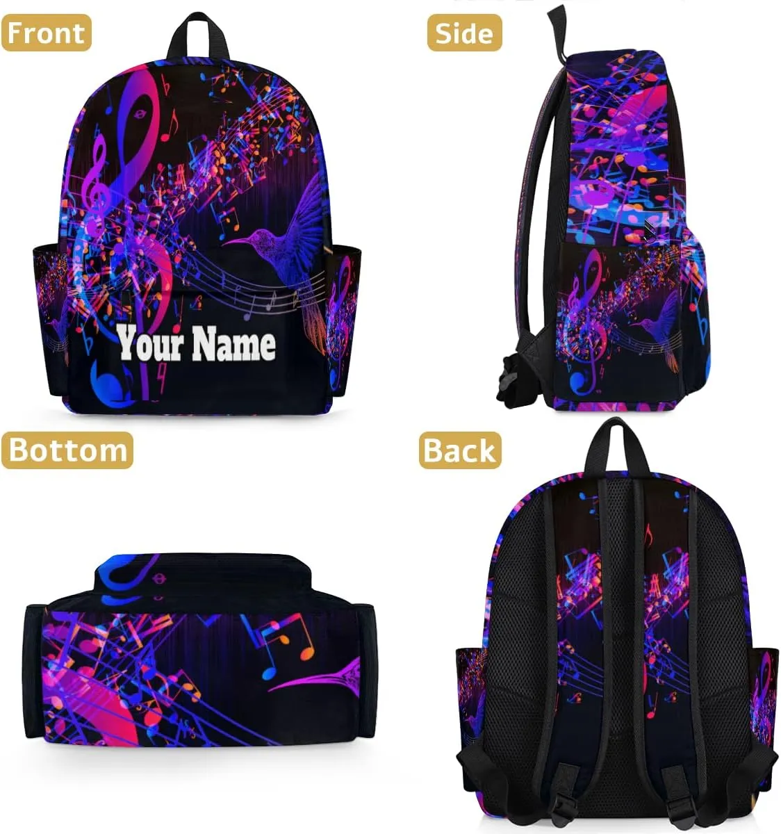 Personalized Music Note Preschool Toddler Backpack for Boys Girls Custom Kids Name Small Bookbags Kindergarten Elementary Backpack, Hummingbird