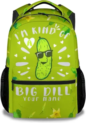 Personalized Pickle School Backpack for Girls Boys, 16 Inch Green Backpacks for Kids Age 10-12, Funny Lightweight Bookbag for Travel