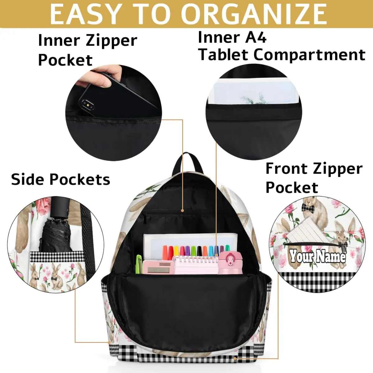 Personalized Rabbit Flowers Preschool Toddler Backpack for Boys Girls Custom Kids Name Small Bookbags Kindergarten Elementary Backpack, Bunny Rabbit