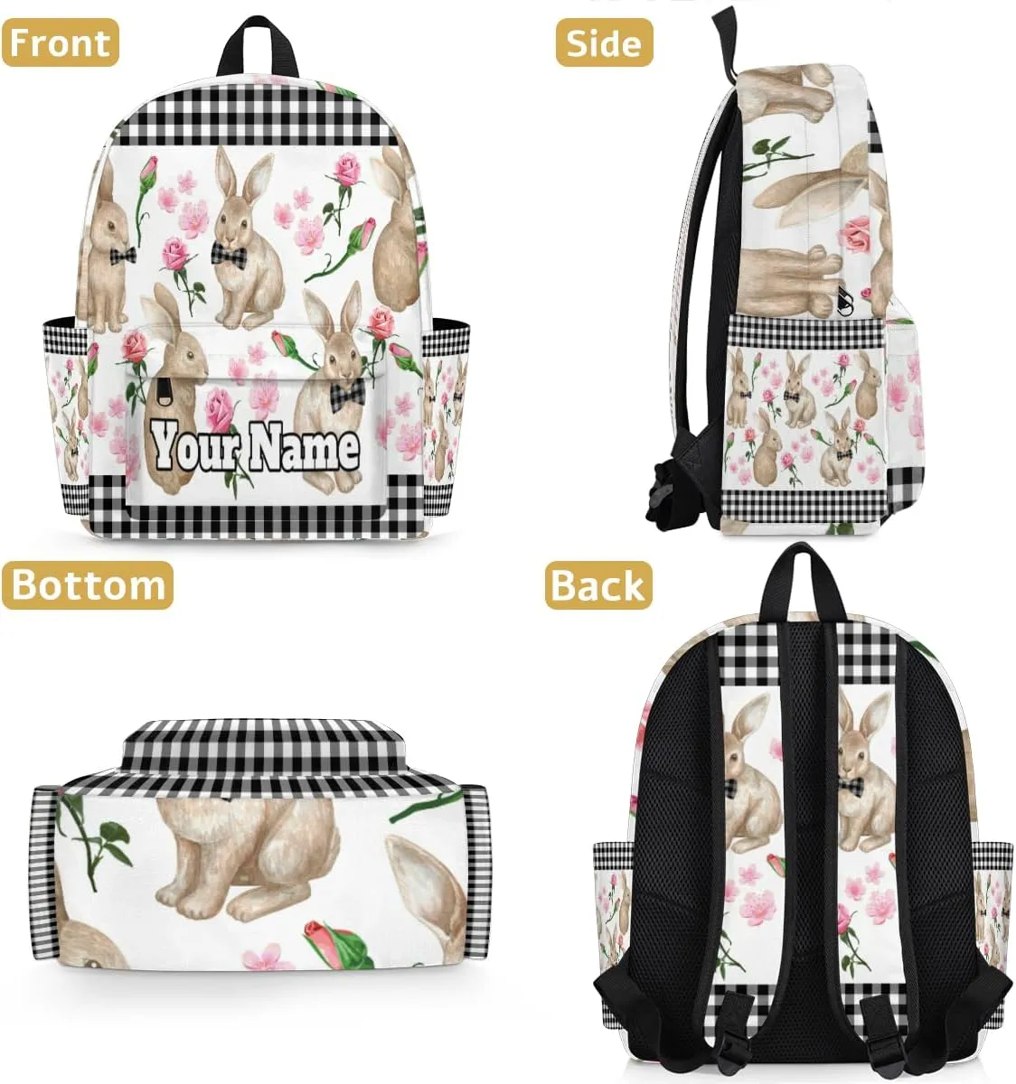 Personalized Rabbit Flowers Preschool Toddler Backpack for Boys Girls Custom Kids Name Small Bookbags Kindergarten Elementary Backpack, Bunny Rabbit