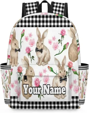 Personalized Rabbit Flowers Preschool Toddler Backpack for Boys Girls Custom Kids Name Small Bookbags Kindergarten Elementary Backpack, Bunny Rabbit