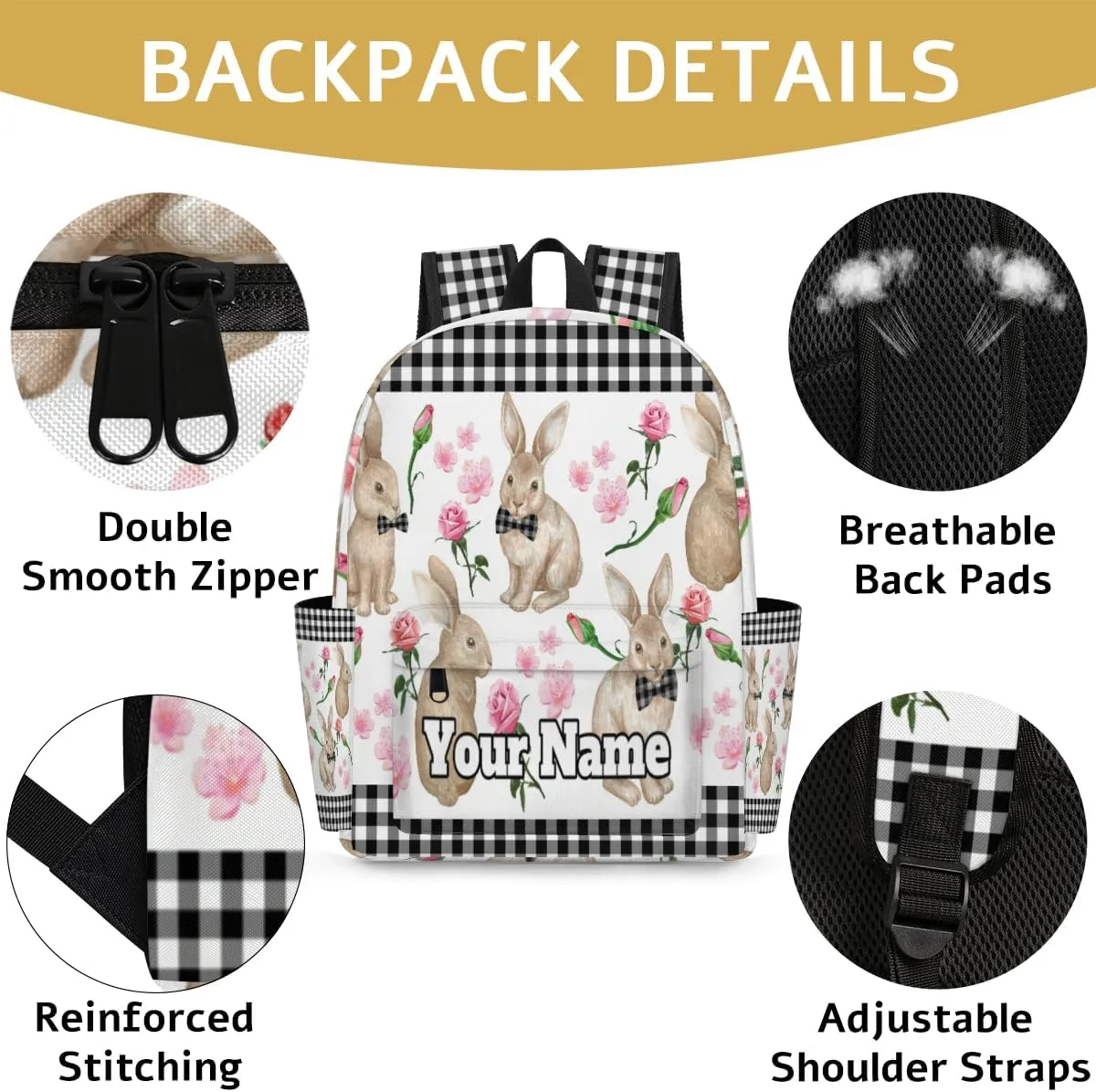 Personalized Rabbit Flowers Preschool Toddler Backpack for Boys Girls Custom Kids Name Small Bookbags Kindergarten Elementary Backpack, Bunny Rabbit