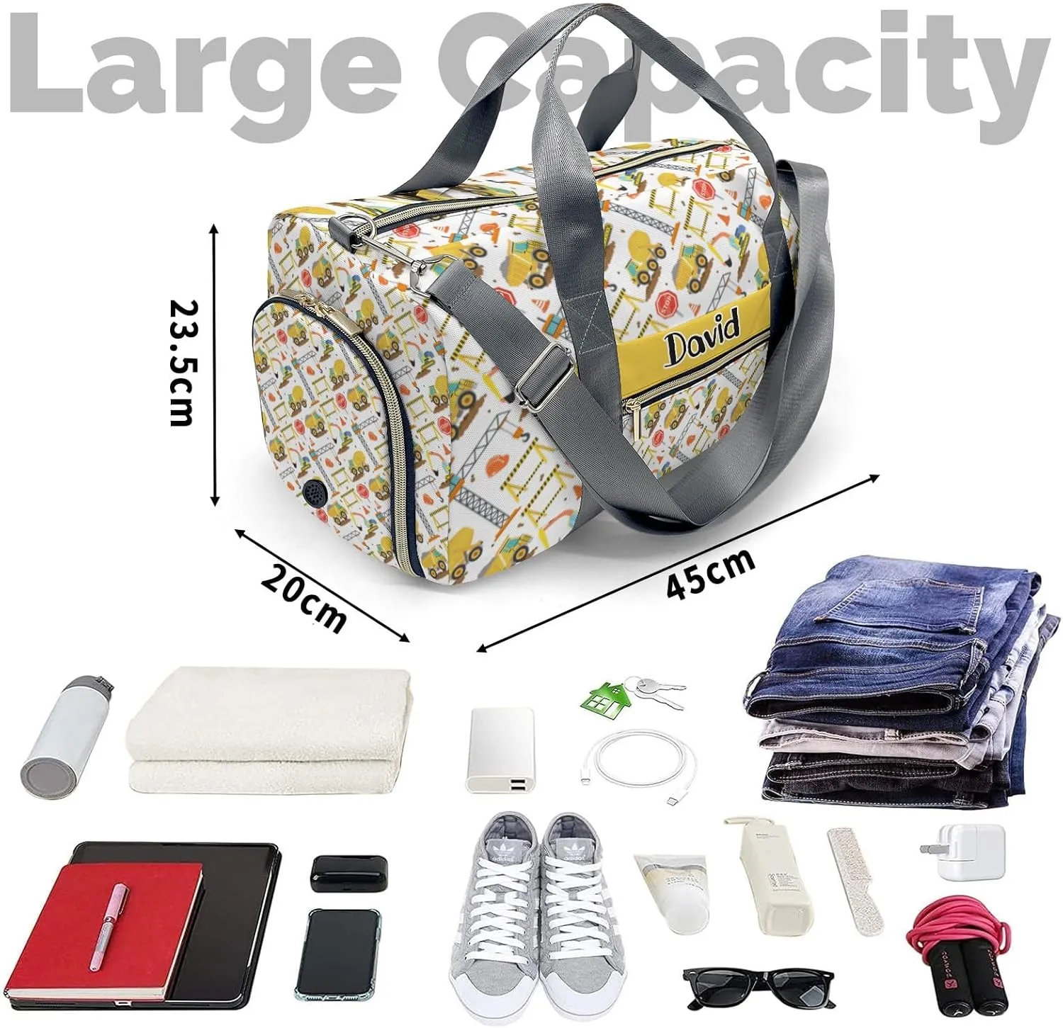 Personalized Sport Dance Bag,Construction Pattern Truck Diggers Crane Custom Duffle Bag Gym Bag Customized Travel Duffel Bag with Name or Text