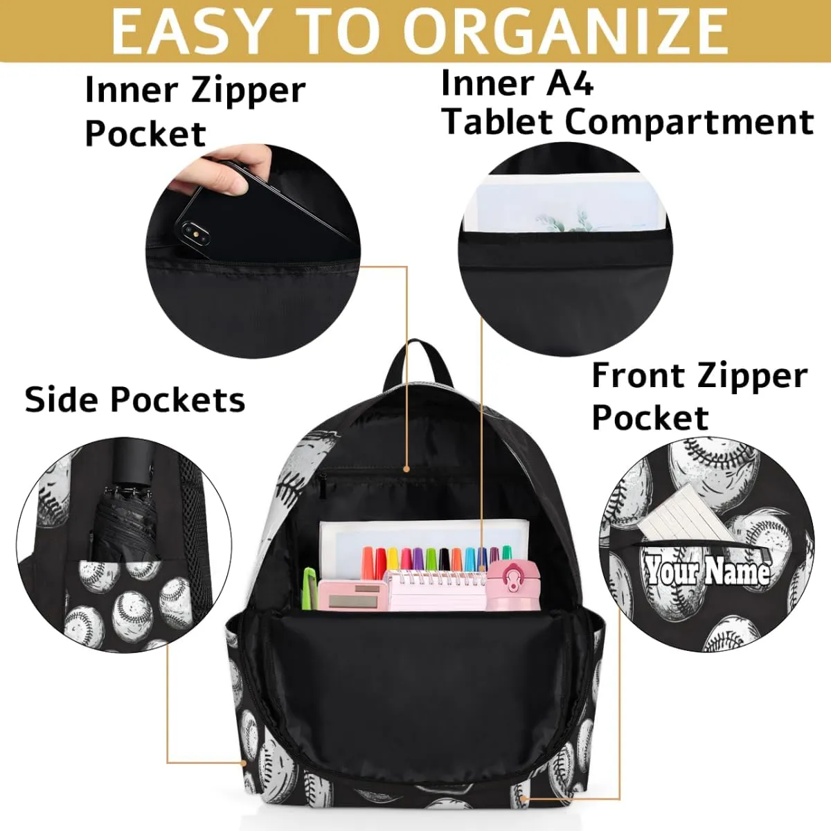 Personalized Sports Baseballs Preschool Toddler Backpack for Boys Girls Custom Kids Name Small Bookbags Kindergarten Elementary Backpack, Ball Baseball Pattern