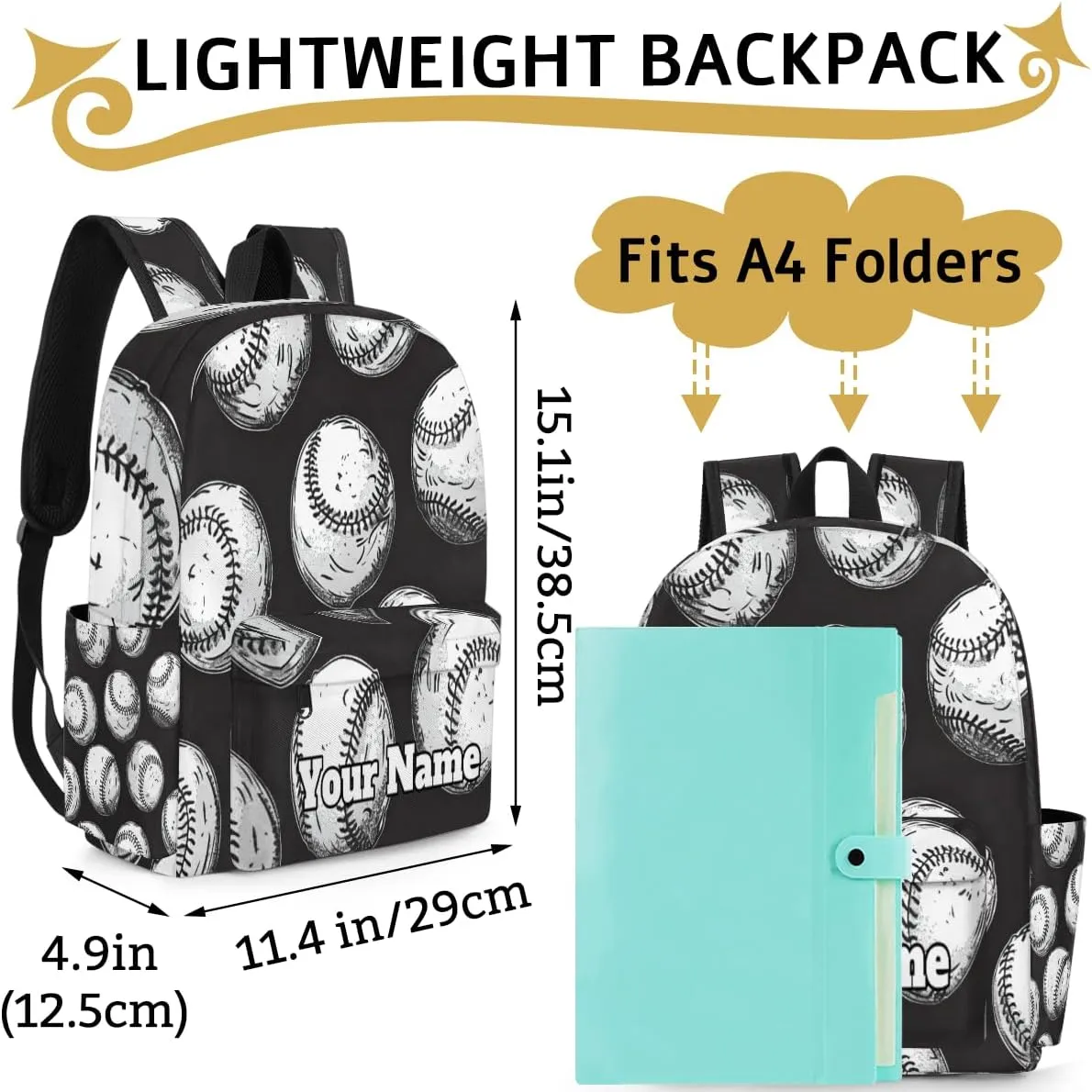 Personalized Sports Baseballs Preschool Toddler Backpack for Boys Girls Custom Kids Name Small Bookbags Kindergarten Elementary Backpack, Ball Baseball Pattern