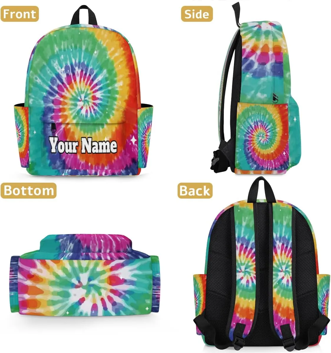 Personalized Tie Dye Preschool Toddler Backpack for Boys Girls Custom Kids Name Small Bookbags Kindergarten Elementary Backpack, Colorful Rainbow