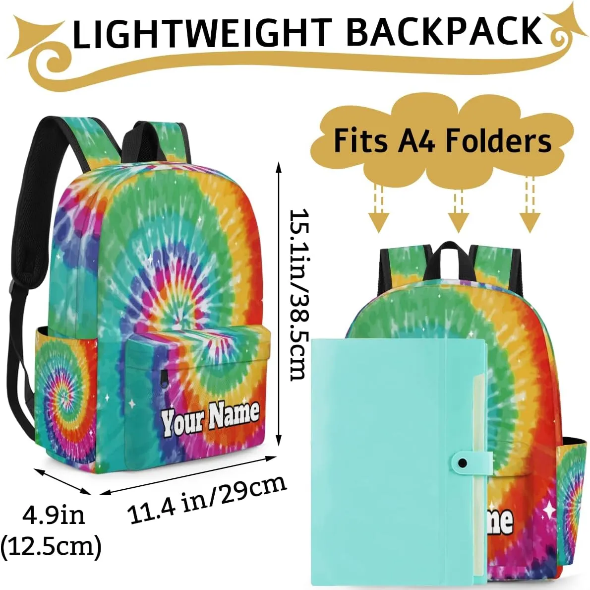Personalized Tie Dye Preschool Toddler Backpack for Boys Girls Custom Kids Name Small Bookbags Kindergarten Elementary Backpack, Colorful Rainbow