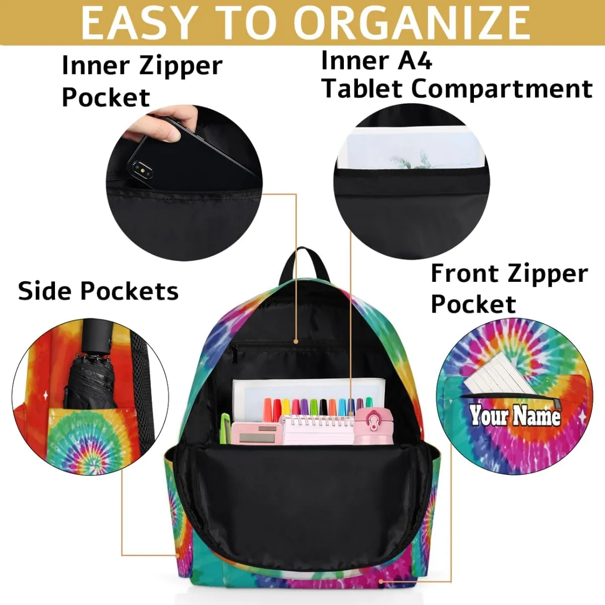 Personalized Tie Dye Preschool Toddler Backpack for Boys Girls Custom Kids Name Small Bookbags Kindergarten Elementary Backpack, Colorful Rainbow
