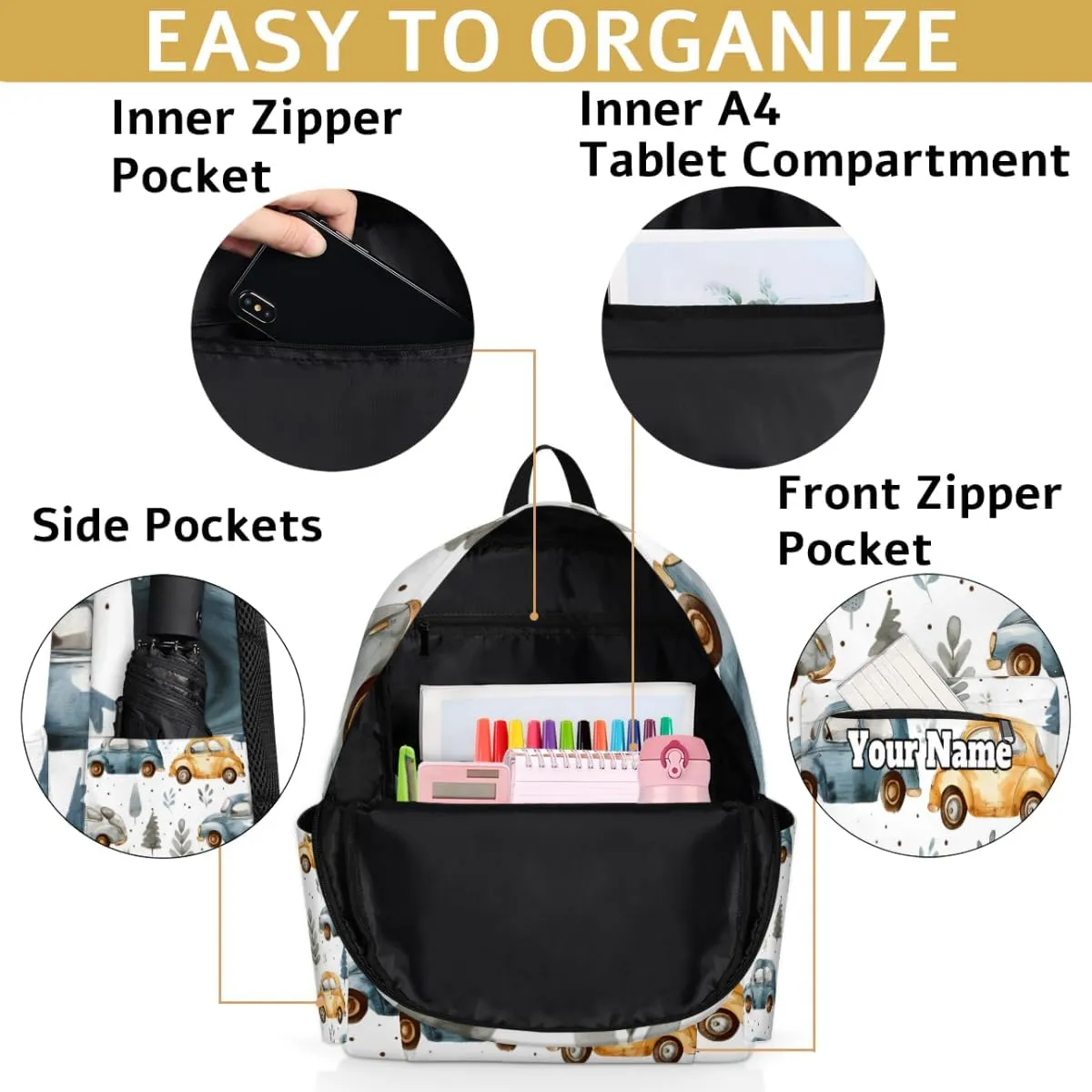 Personalized Transportation Cars Preschool Toddler Backpack for Boys Girls Custom Kids Name Small Bookbags Kindergarten Elementary Backpack, Cute Cars