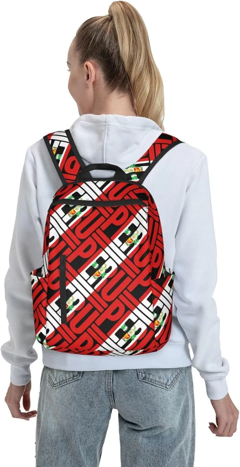 Peruvian Peru Flag Casual Laptop Backpack Travel Rucksack Sports Daypack Adjustable Strap Bags with Multi-Pockets for Working Running Camping