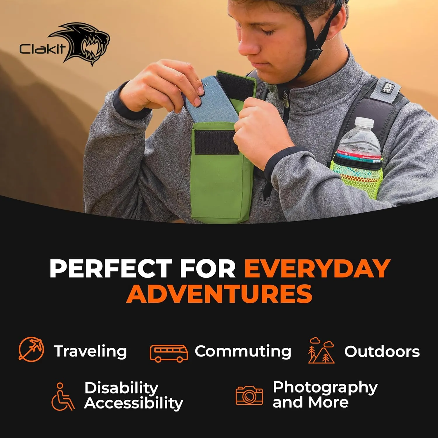 Phone Holster with Clip - Hook Loop Nylon Cellphone Holster Compact Pouch, Backpack Shoulder Strap Accessory Pouch - Multifunctional StrapPack Pouches for Hikers, Travelers & Commuters, Green