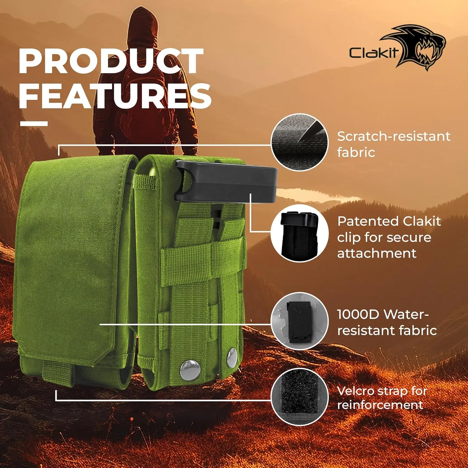 Phone Holster with Clip - Hook Loop Nylon Cellphone Holster Compact Pouch, Backpack Shoulder Strap Accessory Pouch - Multifunctional StrapPack Pouches for Hikers, Travelers & Commuters, Green