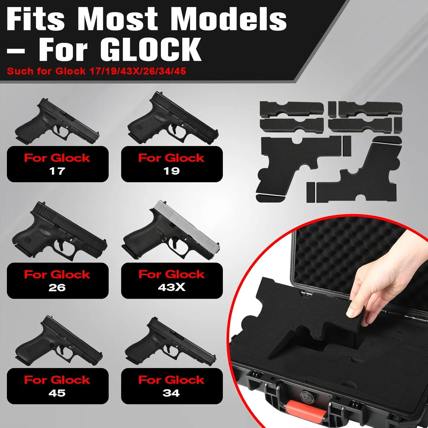 Pistol Gun Case for Glock Handgun – TSA Approved Hard Shell Handgun Case with Pre-Cut Foam, Waterproof Storage Box for G17/G19/G20/G21/G22/G23/G31/G32/G37/G38/G43/G45, Gun Case for Transport & Storage