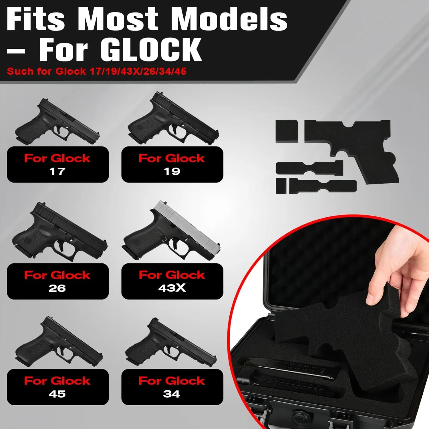 Pistol Gun Case for Glock Handgun – TSA Approved Hard Shell Handgun Case with Pre-Cut Foam, Waterproof Storage Box for G17/G19/G20/G21/G22/G23/G31/G32/G37/G38/G43/G45, Gun Case for Transport & Storage