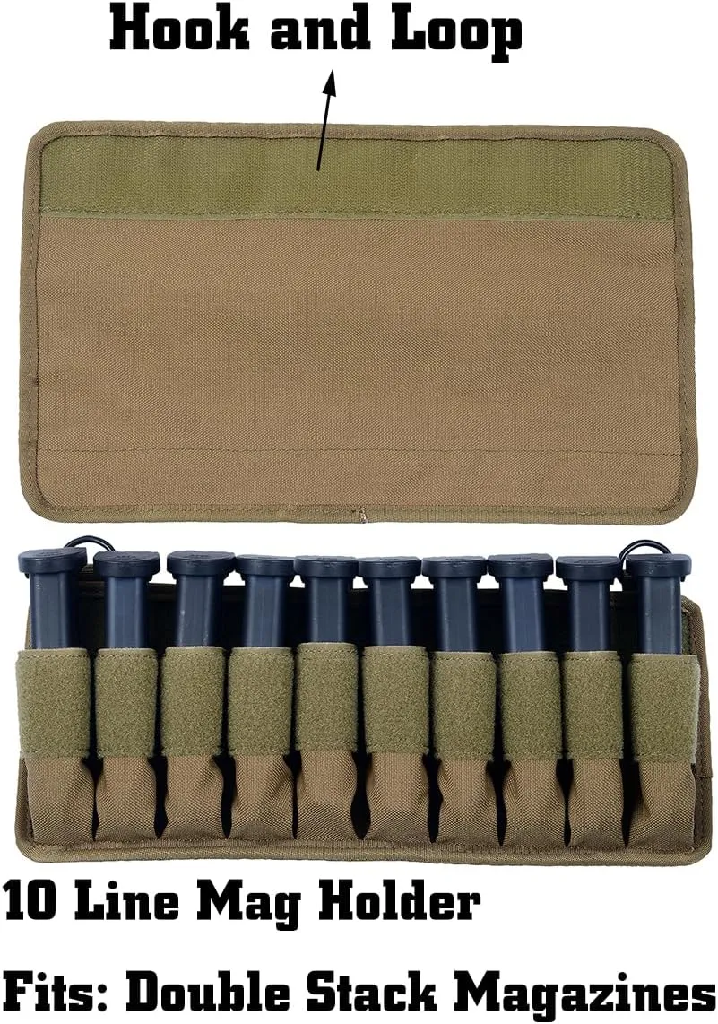 Pistol Magazine Storage Pouch,Molle10 Mag Pouch with Removeable Flaps,Ammo Mag Holder Fits Most Single and Double Magazines