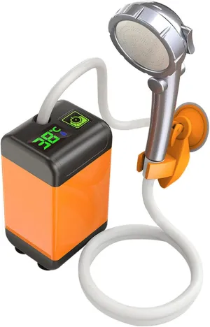 Portable Camping Shower, Rechargeable Camp Shower Pump, 12V 4800mAh Temperature Monitoring Outdoor with Showerhead, Suction Cup Bracket & Detachable Filter
